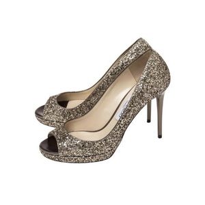 Jimmy Choo gold sparkle peep toe heel